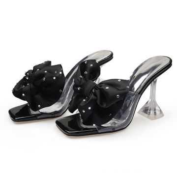 New women studded bowtie sandals PVC jelly crystal sexy clear high heel transparent summer outdoor shoes